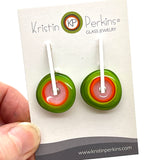 Large Spun Disk Earrings in Green, Orange, and Pink Glass