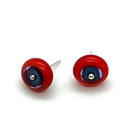 Circle Stud Earrings in Orange/Red and Turquoise Glass and Sterling Silver
