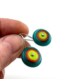 Medium Short Circle Earrings in Green, Orange, and Teal Glass and Sterling Silver