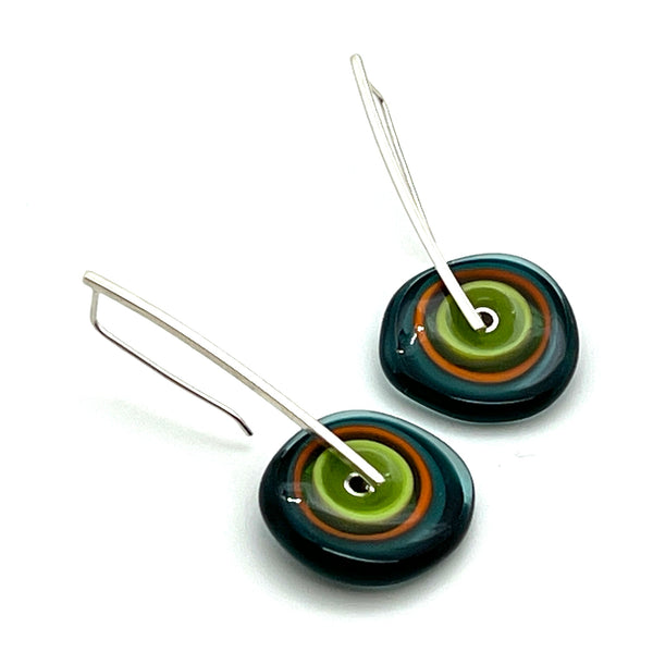 Large Long Spun Disk Earrings in Dark Teal, Orange, and Green Glass