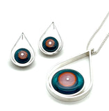 Large Modern Raindrop Necklace in Pink, Orange, and Dark Turquoise Glass and Sterling Silver