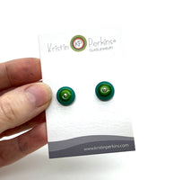 Circle Stud Earrings in Greens and Teal Glass and Sterling Silver