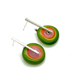 Large Spun Disk Earrings in Green, Orange, and Pink Glass