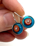 Small Short Circle Earrings in Pink, Orange, and Dark Turquoise Glass and Sterling Silver