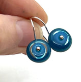 Small Short Circle Earrings in Turquoise, Blue, and Steel Blue Glass and Sterling Silver