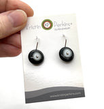 Small Short Circle Earrings in Black, White, and Gray Glass and Sterling Silver