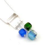 Square Stem Necklace in striped glass with blues and greens
