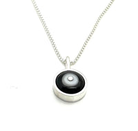 Tiny Framed Circle Necklace in White, Black, and Gray Glass and Sterling Silver