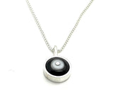 Tiny Framed Circle Necklace in White, Black, and Gray Glass and Sterling Silver