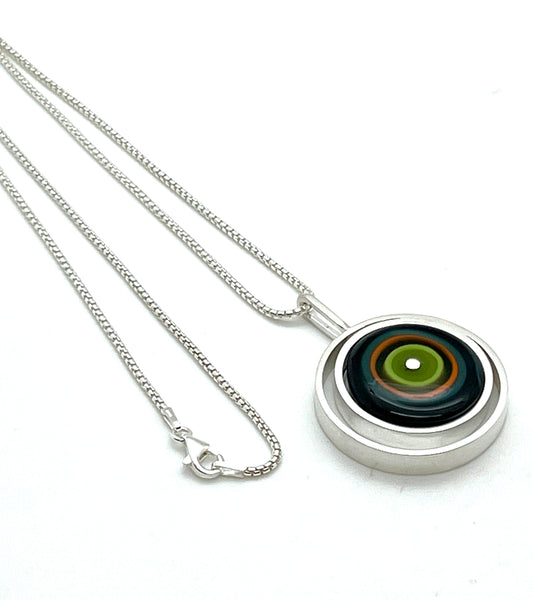 Offset Circle Green, Orange, Teal, and Deep Bottle Green Glass and Sterling Silver