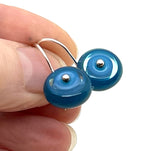 Small Short Circle Earrings in Turquoise, Blue, and Steel Blue Glass and Sterling Silver