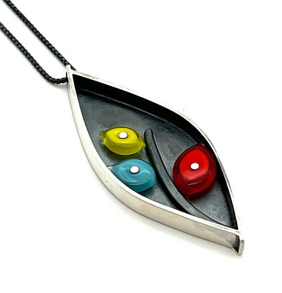 Leaf Pod Necklace in Red, Yellow, and Turquoise Glass and Sterling Silver