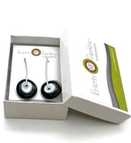 Large Long Spun Disk Earrings in Black, White, and Gray Glass
