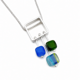 Square Stem Necklace in striped glass with blues and greens
