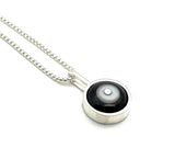 Tiny Framed Circle Necklace in White, Black, and Gray Glass and Sterling Silver