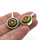 Framed Circle Short Circle Earrings in Green, Orange, and Lavender Glass and Sterling Silver