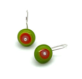 Small Short Circle Earrings in Pink, Orange, and Green Glass and Sterling Silver