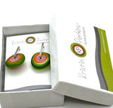 Large Spun Disk Earrings in Green, Orange, and Pink Glass