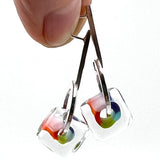 Rainbow Striped Cube Earrings on Silver Circle Long Post