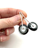 Large Long Spun Disk Earrings in Black, White, and Gray Glass