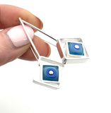 Offset Square Dangle Earrings with Blue and Turquoise Glass and Sterling Silver