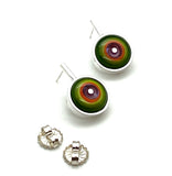 Framed Circle Short Circle Earrings in Green, Orange, and Lavender Glass and Sterling Silver