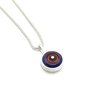 Tiny Framed Circle Necklace in Red Orange, Violet, and Gray Glass and Sterling Silver