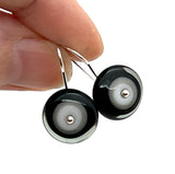 Small Short Circle Earrings in Black, White, and Gray Glass and Sterling Silver