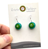 Small Short Circle Earrings in Green and Teal Glass and Sterling Silver