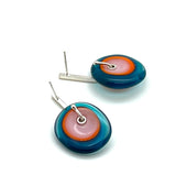 Large Spun Disk Earrings in Dark Aqua, Orange, and Pink Glass