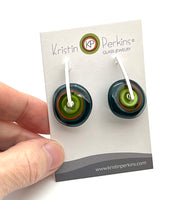 Large Spun Disk Earrings in Deep Teal, Orange, and Green, Orange, and Green Glass