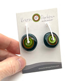 Large Spun Disk Earrings in Deep Teal, Orange, and Green, Orange, and Green Glass