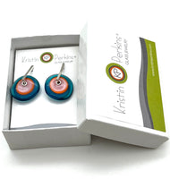 Large Spun Disk Earrings in Dark Aqua, Orange, and Pink Glass