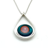 Large Modern Raindrop Necklace in Pink, Orange, and Dark Turquoise Glass and Sterling Silver