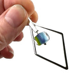 Large Striped Cube Glass and Silver Diamond Shape Earrings