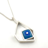 Modern Pentagon Necklace in Blue and Turquoise Aqua Glass and Sterling Silver