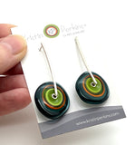 Large Long Spun Disk Earrings in Dark Teal, Orange, and Green Glass