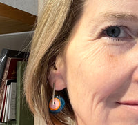 Large Spun Disk Earrings in Dark Aqua, Orange, and Pink Glass