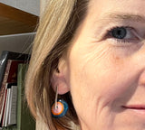 Large Spun Disk Earrings in Dark Aqua, Orange, and Pink Glass