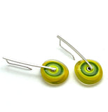 Large Long Spun Disk Earrings Yellow and Green Glass