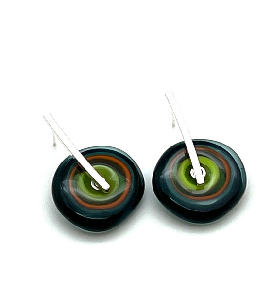 Large Spun Disk Earrings in Deep Teal, Orange, and Green, Orange, and Green Glass
