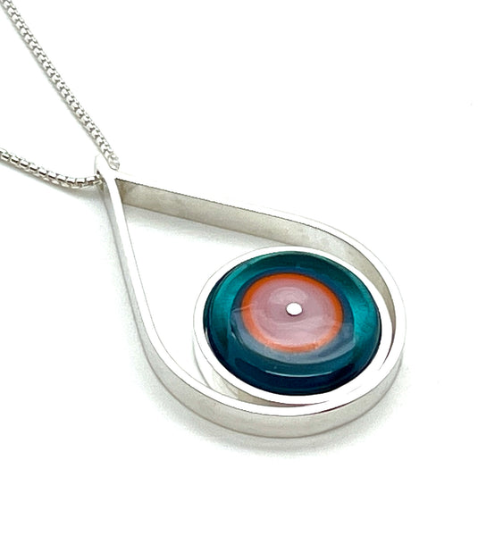Large Modern Raindrop Necklace in Pink, Orange, and Dark Turquoise Glass and Sterling Silver