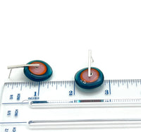 Large Spun Disk Earrings in Dark Aqua, Orange, and Pink Glass