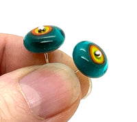 Circle Stud Earrings in Teal, Orange, and Chartreuse Glass and Sterling Silver