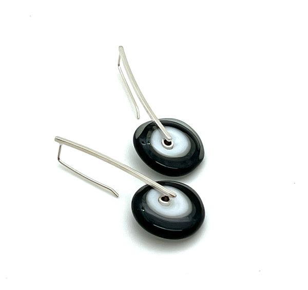 Large Long Spun Disk Earrings in Black, White, and Gray Glass