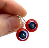 Small Short Circle Earrings in Turquoise and Orange Glass and Sterling Silver