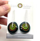 Large Long Spun Disk Earrings in Dark Teal, Orange, and Green Glass