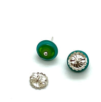 Circle Stud Earrings in Greens and Teal Glass and Sterling Silver