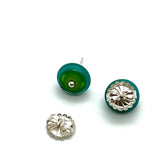 Circle Stud Earrings in Greens and Teal Glass and Sterling Silver