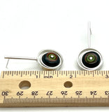 Offset Circle Long Stud Earrings in Green, Orange, and Deep Bottle Green Glass and Sterling Silver